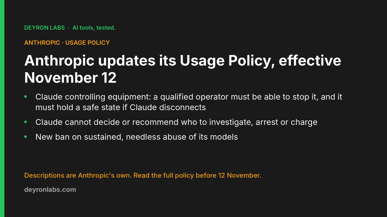 Deyron Labs graphic: Anthropic's updated Usage Policy takes effect 12 November 2026 and adds rules on surveillance, hardware control and deceptive campaigns