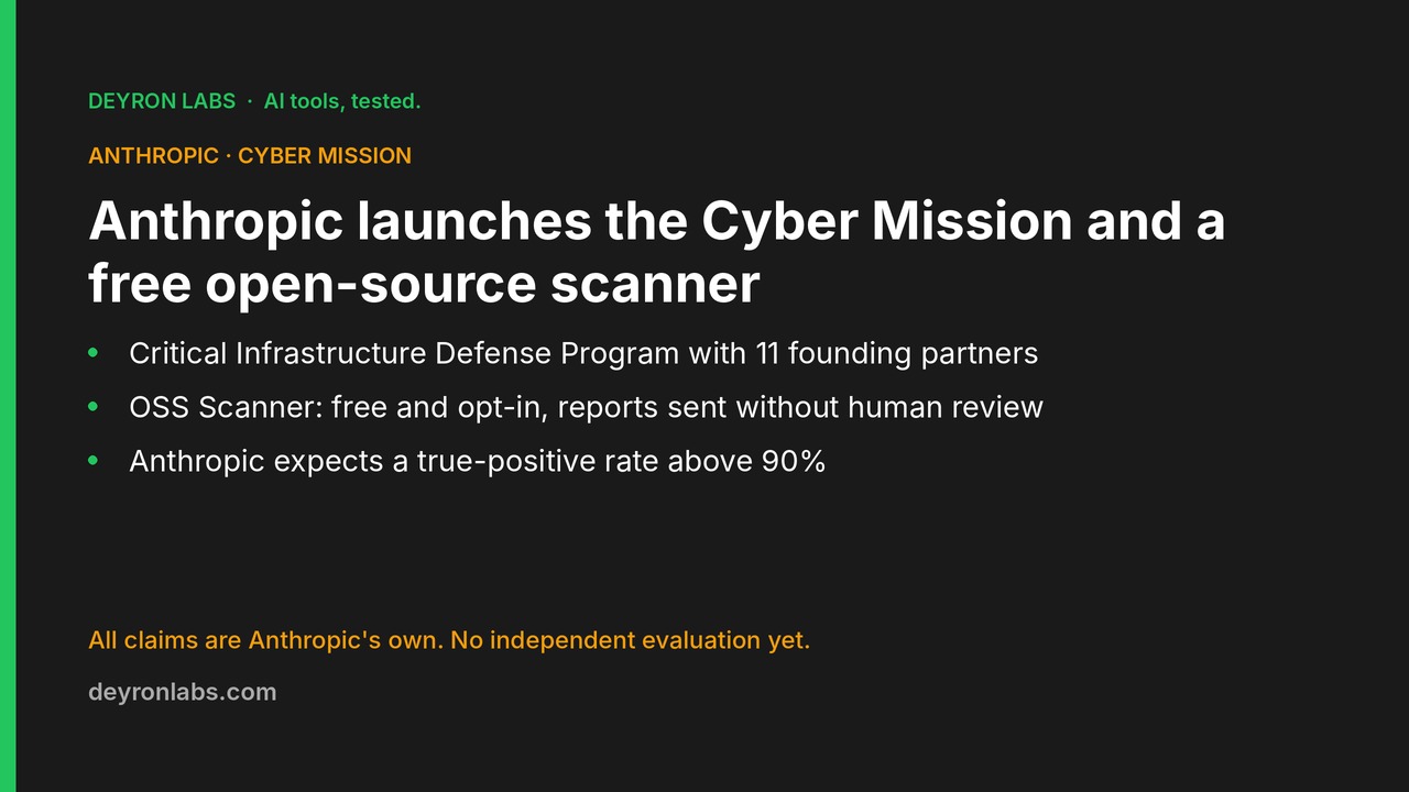 Deyron Labs graphic: Anthropic Cyber Mission starts with a critical infrastructure program with 11 partners and a free opt-in OSS Scanner; claims are Anthropic's own