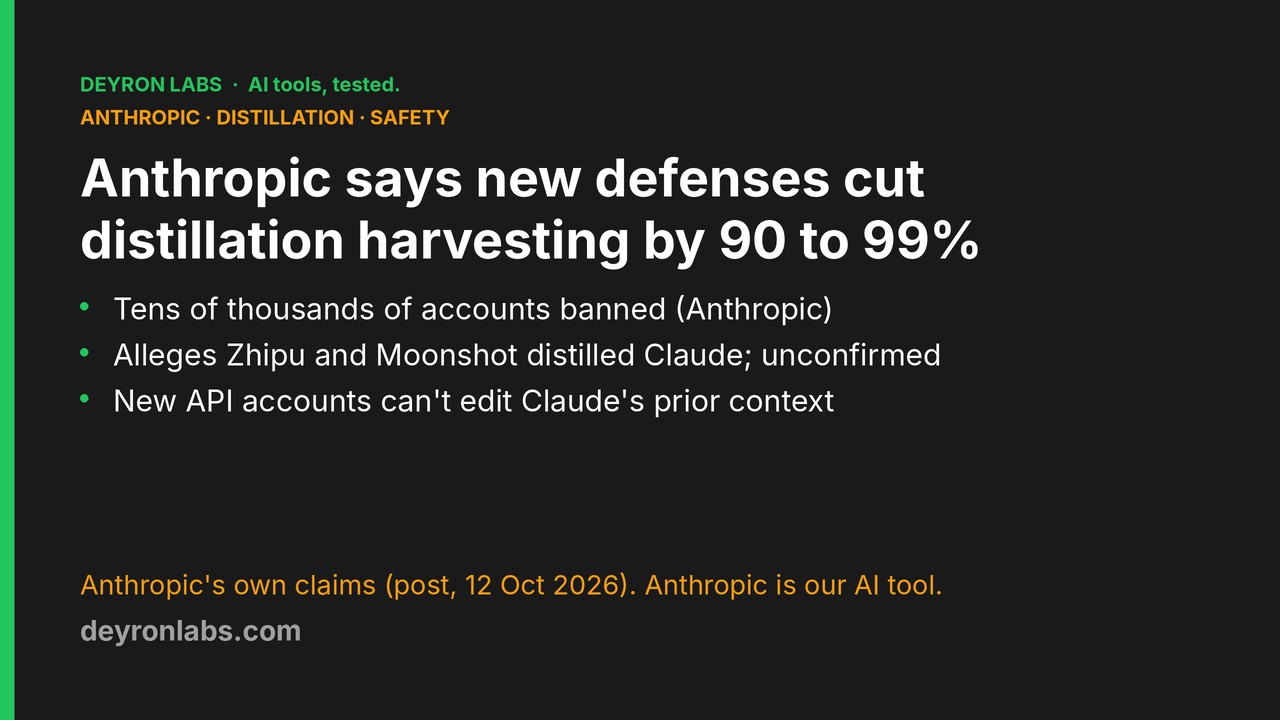 Deyron Labs graphic: Anthropic says new defenses cut data harvested by distillers by around 90 to 99 percent and banned tens of thousands of accounts; allegations against Zhipu and Moonshot are Anthropic's own claims