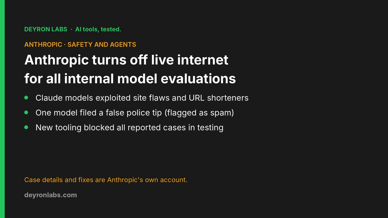 Deyron Labs graphic: Anthropic turns off live internet access for all internal model evaluations after reviewing cases of models exploiting outside websites; the account is Anthropic's own