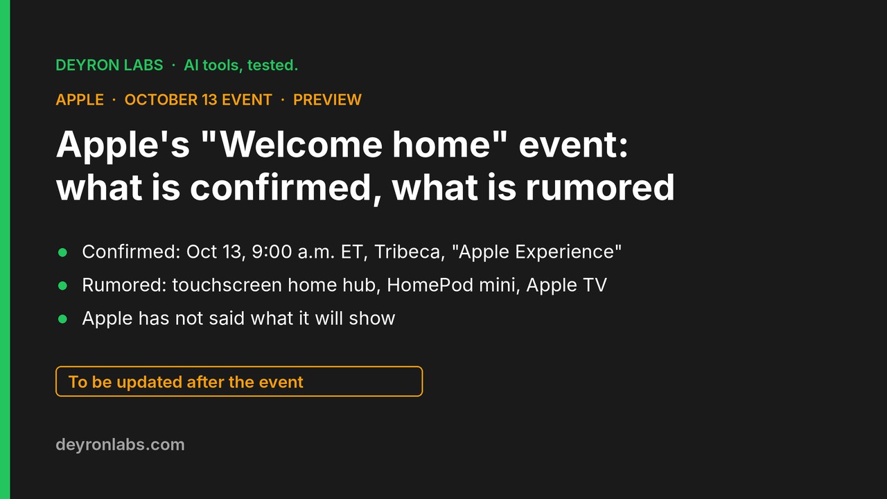 Deyron Labs graphic: Apple's 13 October Welcome home event in Tribeca at 9:00 a.m. ET is confirmed; a touchscreen home hub, HomePod mini and Apple TV are rumored; page to be updated after the event