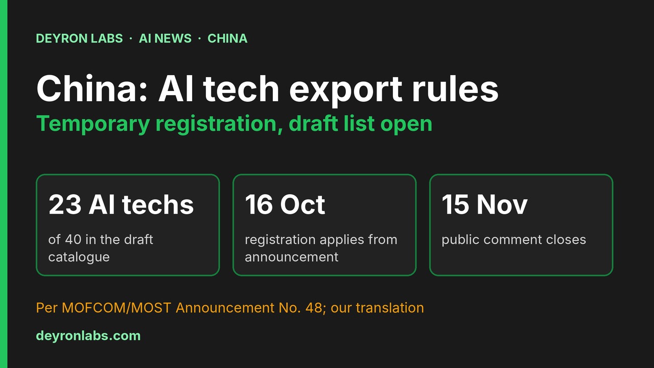 Deyron Labs graphic: China's draft AI technology export catalogue; 23 AI technologies among 40, registration from 16 October, public comment until 15 November