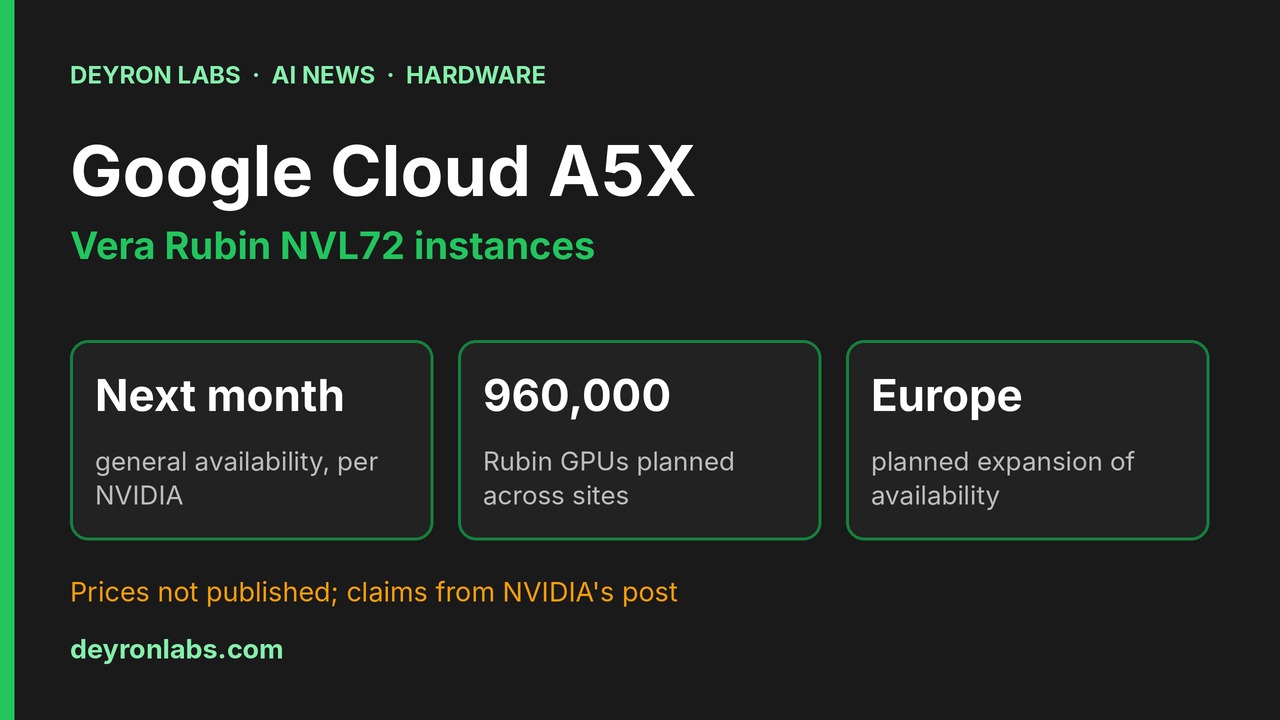 Deyron Labs graphic: Google Cloud A5X on Vera Rubin NVL72; general availability next month, up to 960,000 Rubin GPUs planned, expansion to Europe planned