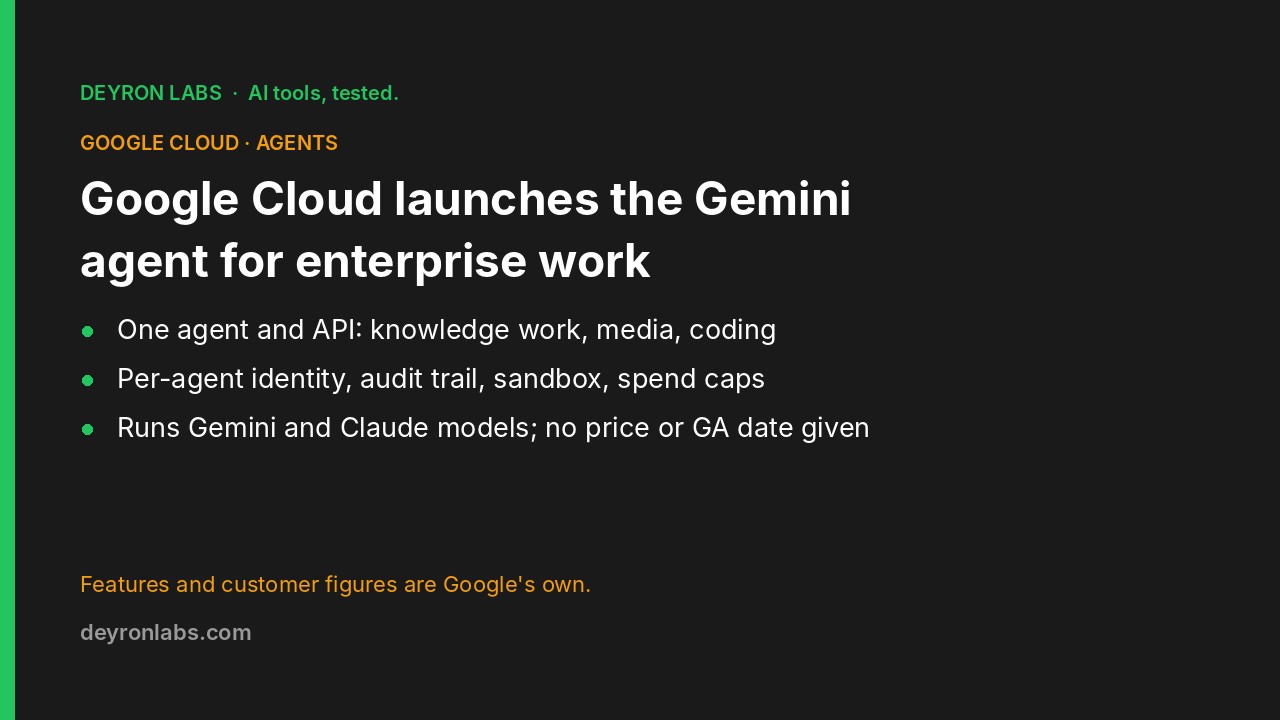 Deyron Labs graphic: Google Cloud launches the Gemini agent for enterprise work, with per-agent identity, audit trail, sandbox and spend caps; no price or general availability date given; features are Google's own