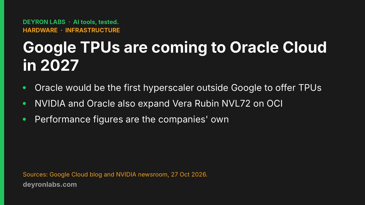 Deyron Labs graphic: Google TPUs to be offered on Oracle Cloud Infrastructure from 2027; NVIDIA and Oracle expand Vera Rubin NVL72 on OCI; announced 27 October 2026