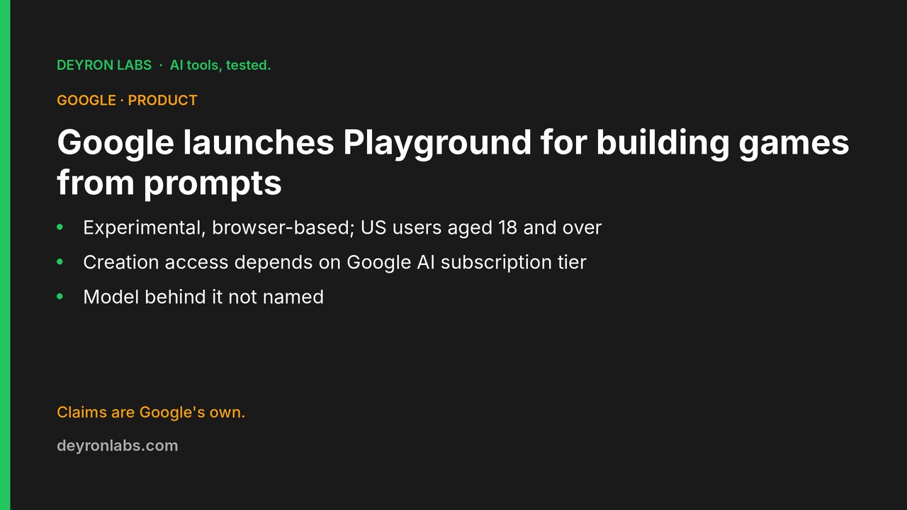 Deyron Labs graphic: Google launches Playground, an experimental game-creation platform for US users 18 and over; creation access depends on Google AI subscription