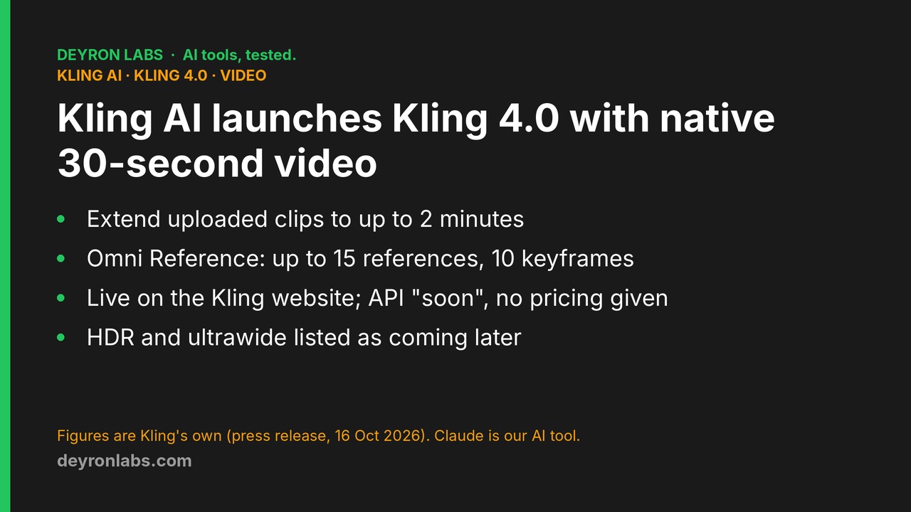 Deyron Labs graphic: Kling 4.0 generates 30-second video natively, extends clips to 2 minutes and takes up to 15 references; figures are Kling's own and no pricing is given