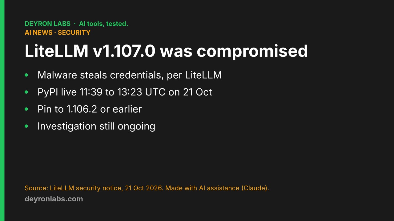 Deyron Labs graphic: LiteLLM v1.107.0 compromised, PyPI package live 11:39 to 13:23 UTC on 21 October 2026, pin to 1.106.2