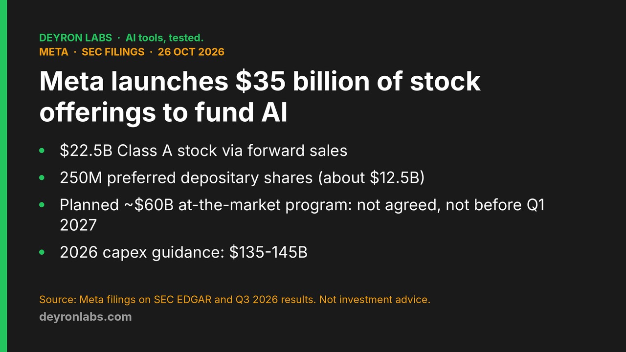 Deyron Labs graphic: Meta equity offerings filed 26 October 2026, $22.5 billion Class A stock plus 250 million preferred depositary shares, and a planned $60 billion at-the-market program not yet agreed