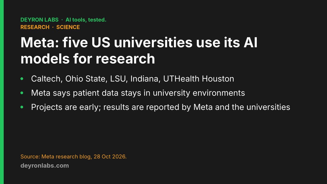 Deyron Labs graphic: Meta supports AI research at five US universities, announced 28 October 2026; patient data stays in university environments; project results are reported by Meta and the universities