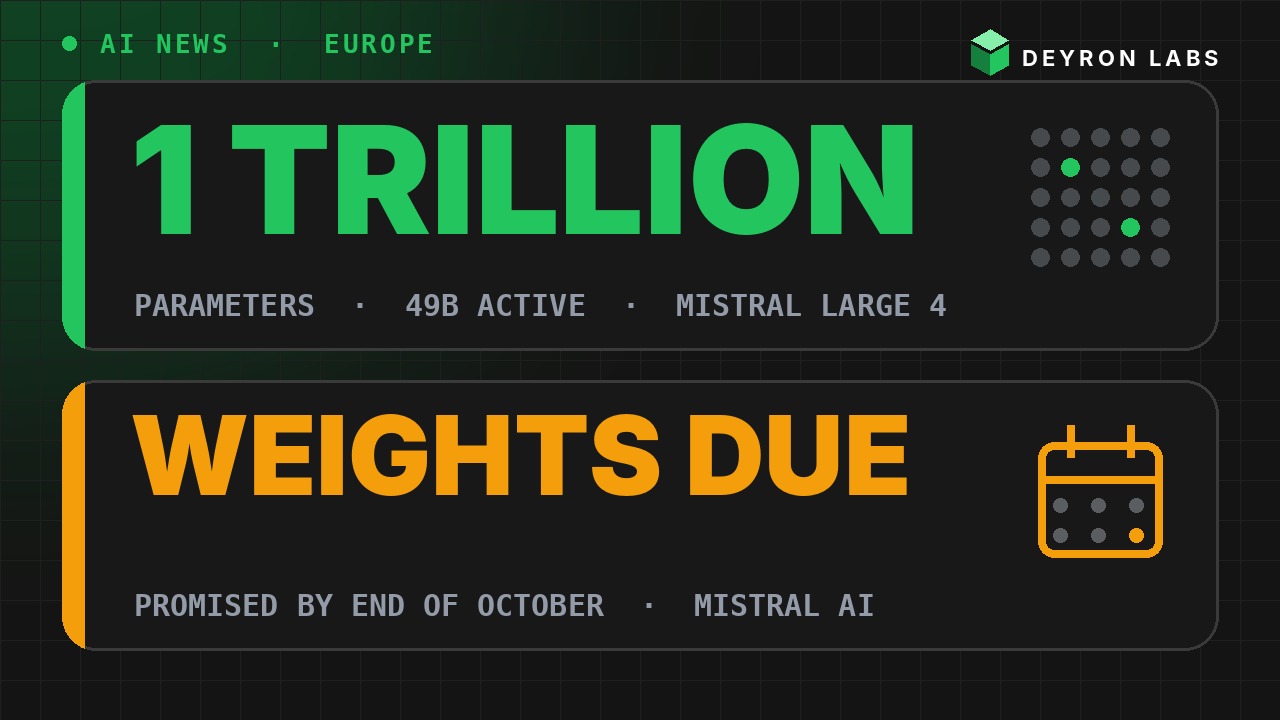 Deyron Labs graphic: Mistral Large 4 has 1 trillion parameters and its weights are due by the end of October
