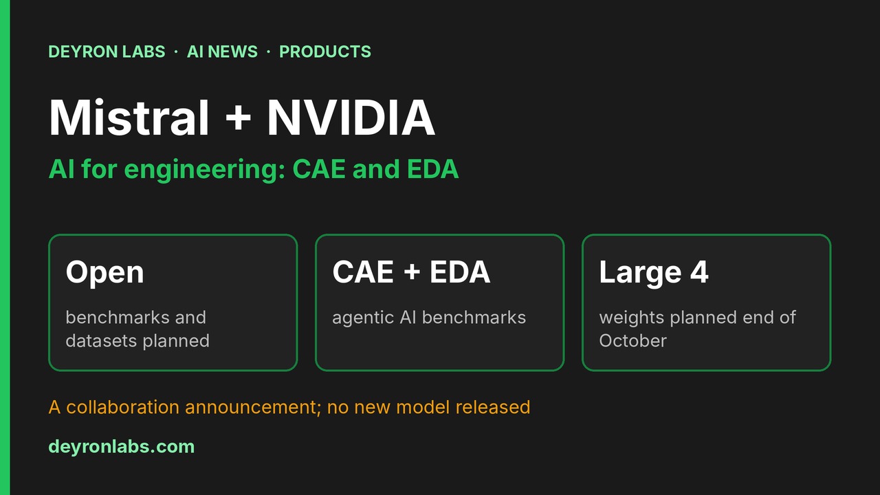 Deyron Labs graphic: Mistral and NVIDIA collaboration on AI for engineering; open benchmarks, CAE and EDA agent benchmarks, Mistral Large 4 weights planned for end of October