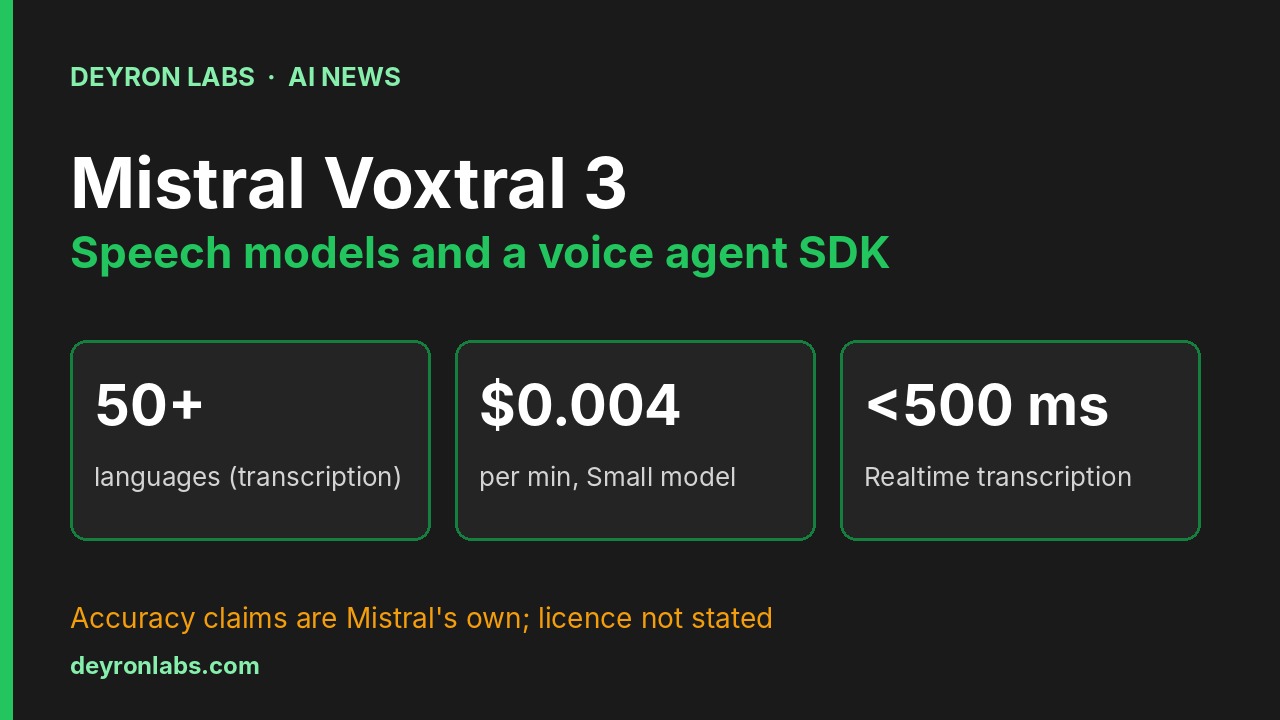 Deyron Labs graphic: Mistral Voxtral 3 transcribes 50+ languages, costs $0.004 per minute for the Small Transcribe model and offers realtime transcription under 500 milliseconds