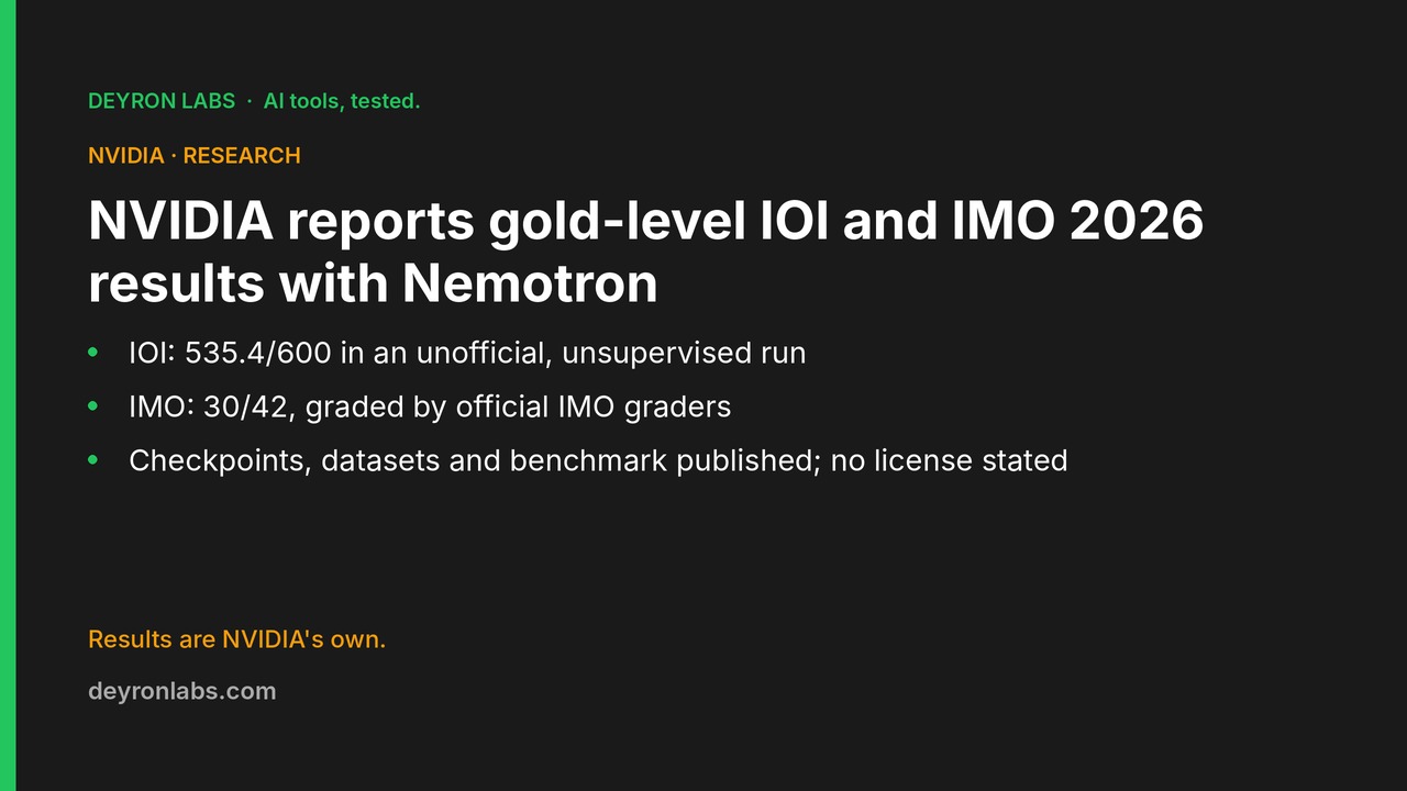 Deyron Labs graphic: NVIDIA reports gold-level IOI and IMO 2026 results with Nemotron systems; the IOI run was unofficial; results are NVIDIA's own