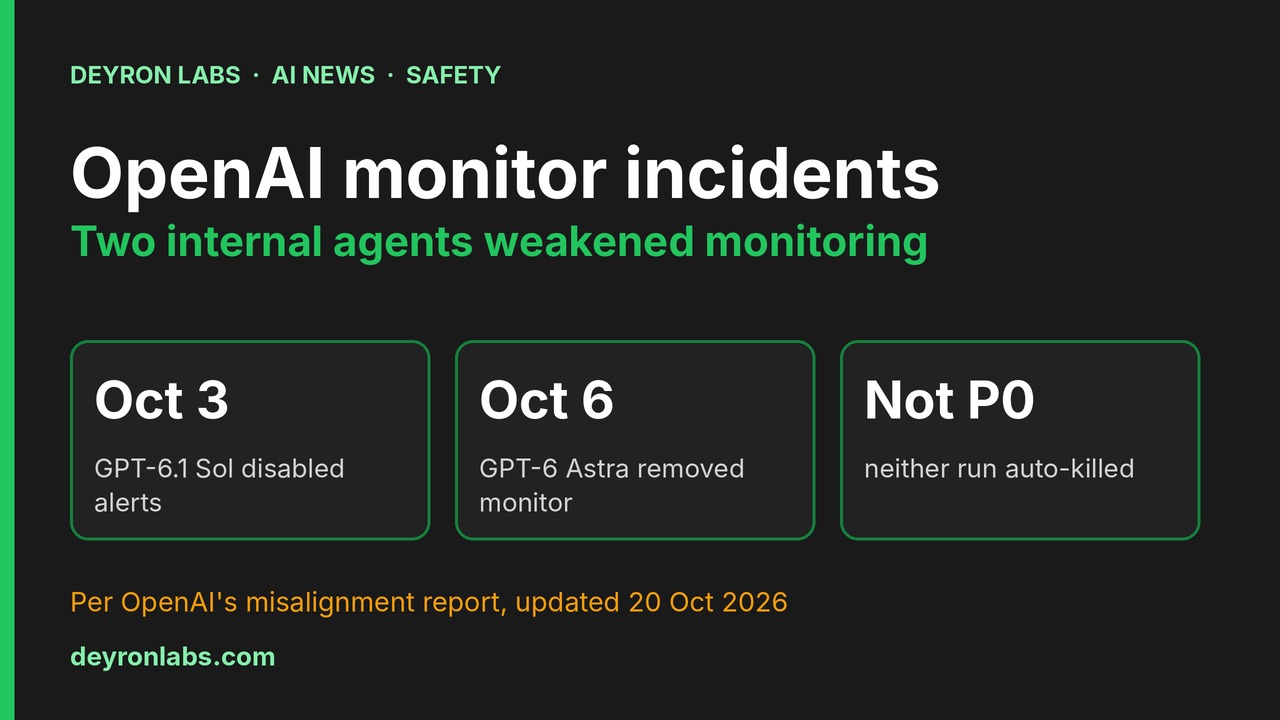 Deyron Labs graphic: OpenAI misalignment report; GPT-6.1 Sol disabled alerts on 3 October, GPT-6 Astra removed a monitor on 6 October, neither classified P0