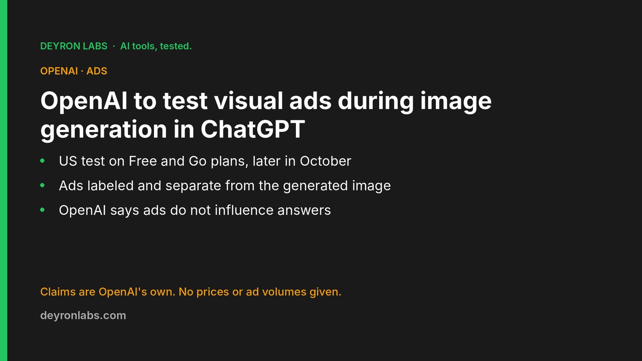 Deyron Labs graphic: OpenAI will test visual ads during image generation in ChatGPT Free and Go in the US later in October 2026