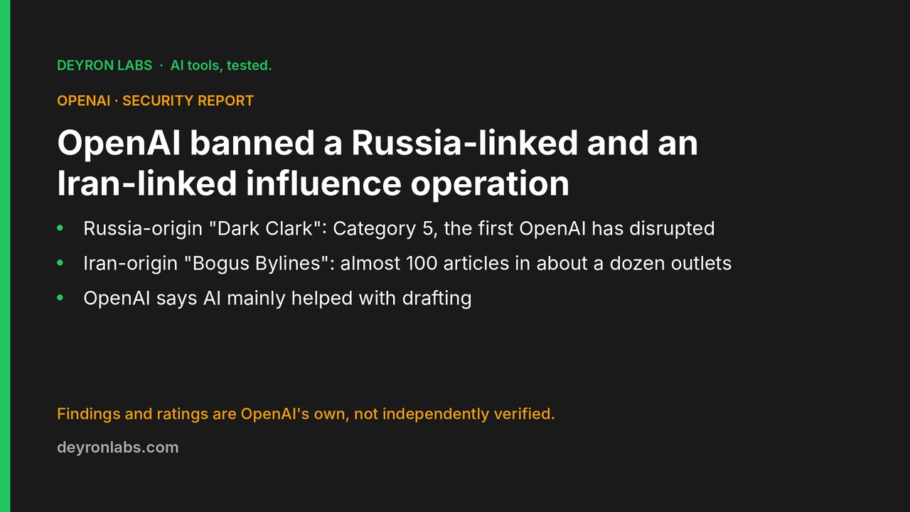 Deyron Labs graphic: OpenAI banned two influence operations, one from Russia rated Category 5 and one from Iran; findings are OpenAI's own