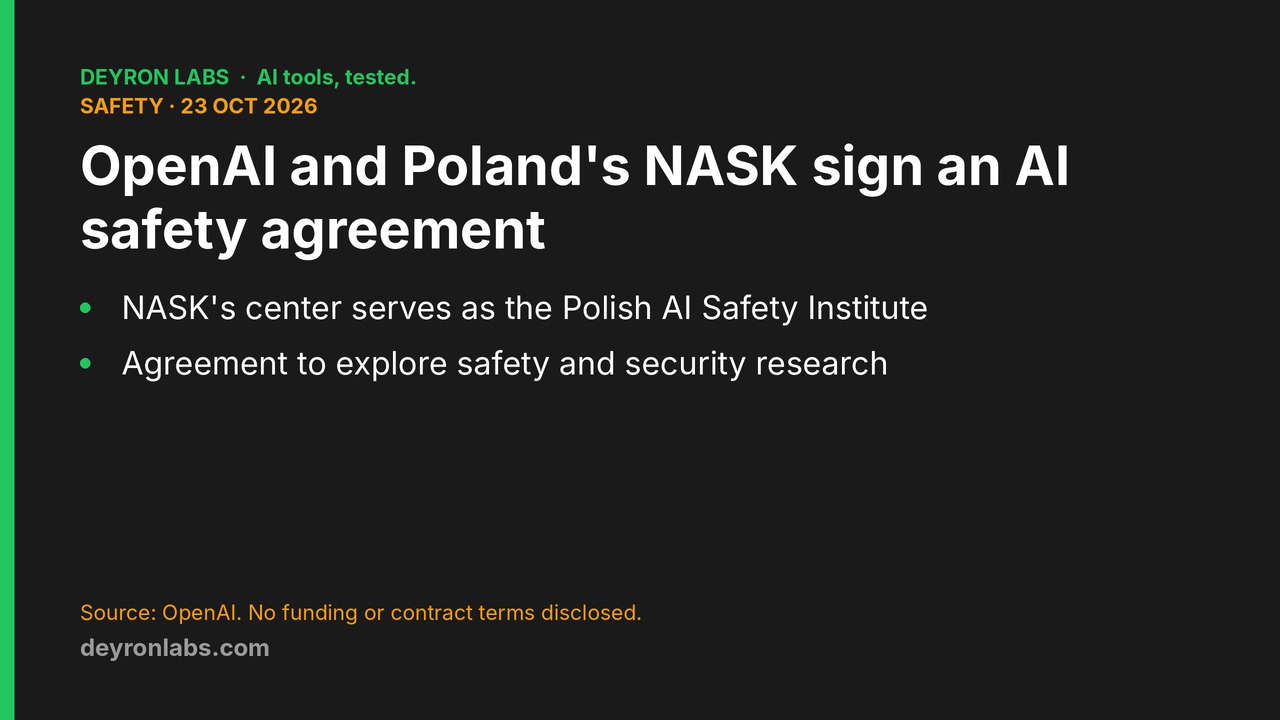Deyron Labs graphic: OpenAI and Poland's NASK sign an AI safety and security research agreement on 23 October 2026, NASK AI Safety Research Center serves as the Polish AISI