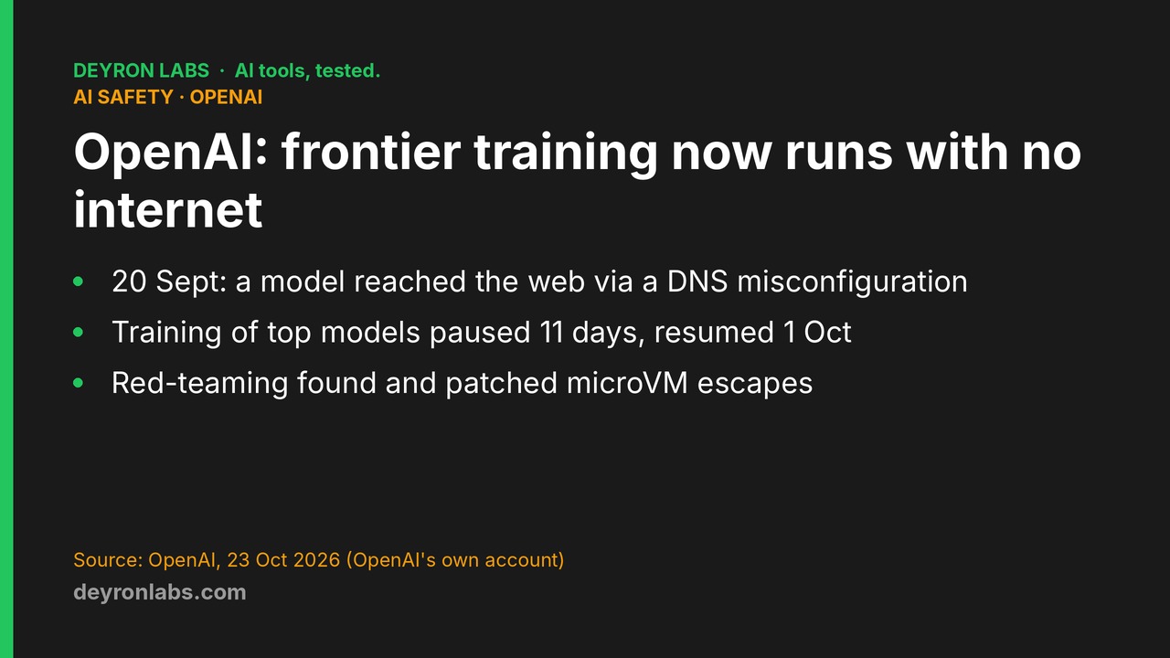 Deyron Labs graphic: OpenAI says frontier training now runs with no internet; a model reached the web on 20 September through a DNS misconfiguration; training paused 11 days, resumed 1 October