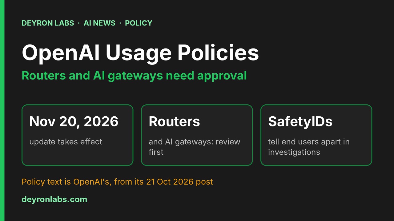 Deyron Labs graphic: OpenAI Usage Policies update effective 20 November 2026; model routers and AI gateways need review and approval; SafetyIDs distinguish end users