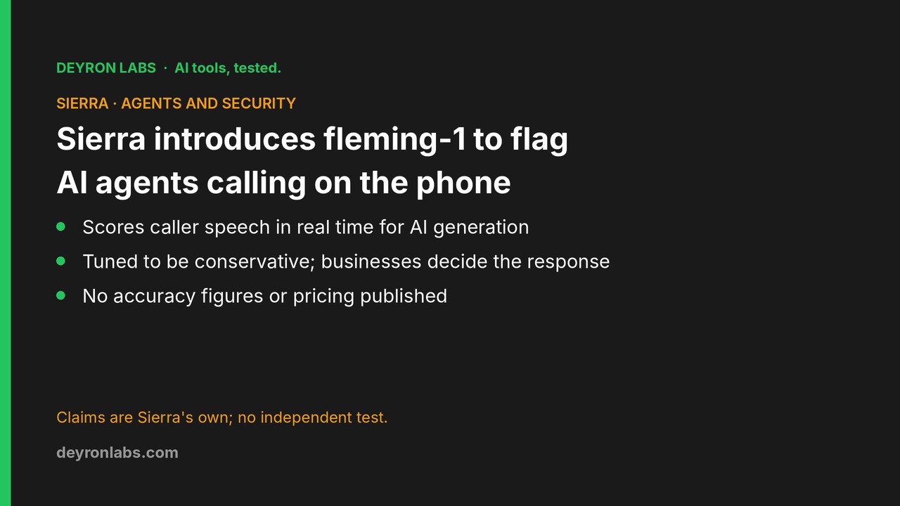 Deyron Labs graphic: Sierra announces fleming-1, a model that flags likely AI-agent callers during live phone calls; no accuracy figures or pricing were published; claims are Sierra's own