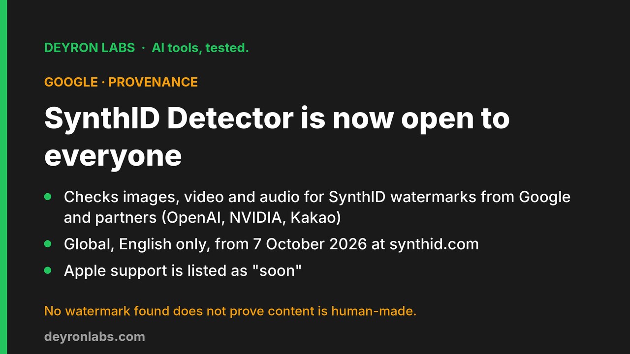 Deyron Labs graphic: Google's SynthID Detector is open to everyone and checks images, video and audio for SynthID watermarks from Google and partners