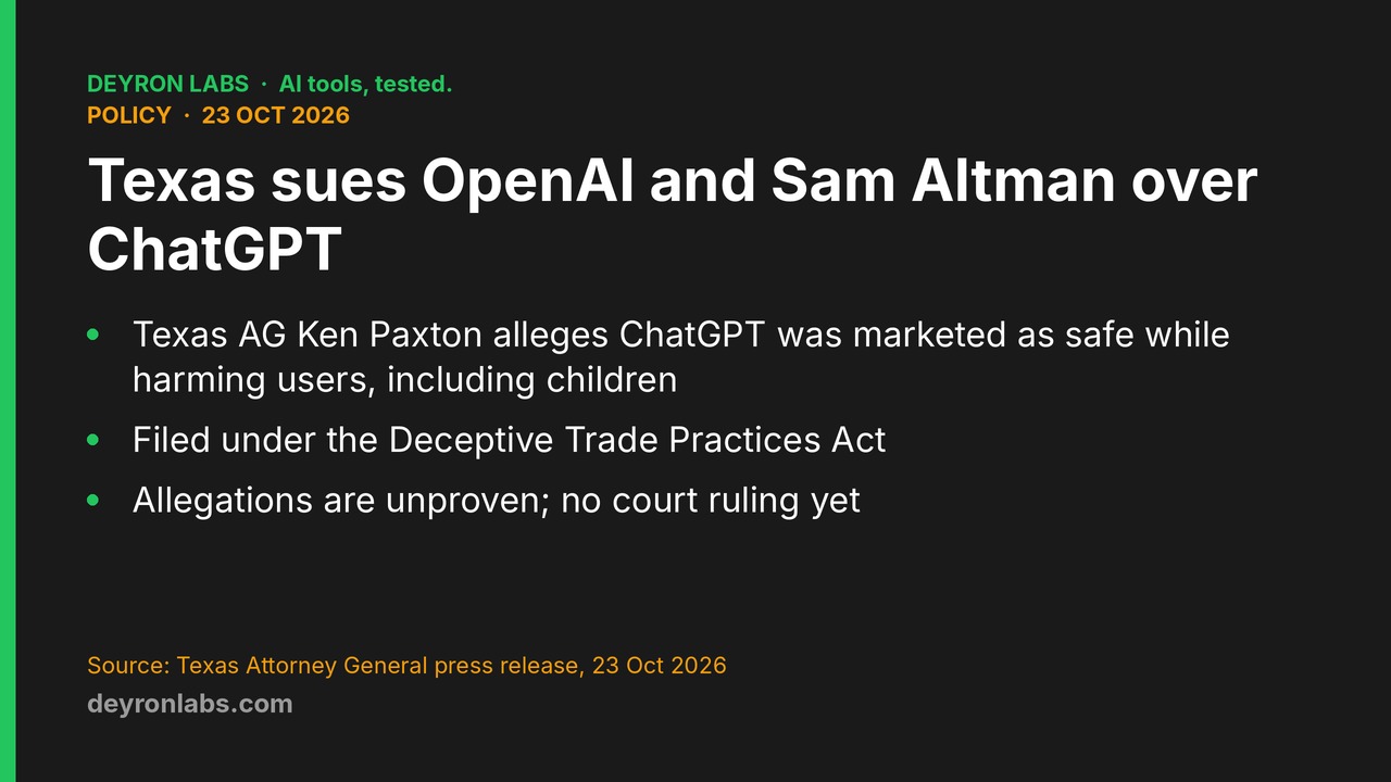 Deyron Labs graphic: Texas attorney general sues OpenAI and Sam Altman on 23 October 2026 over ChatGPT marketing and harms; allegations unproven