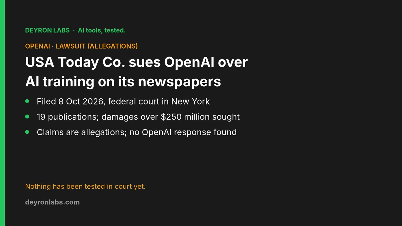 Deyron Labs graphic: USA Today Co. entities sue OpenAI in federal court in New York over AI training on 19 newspapers' content, seeking more than $250 million; the claims are allegations in the complaint